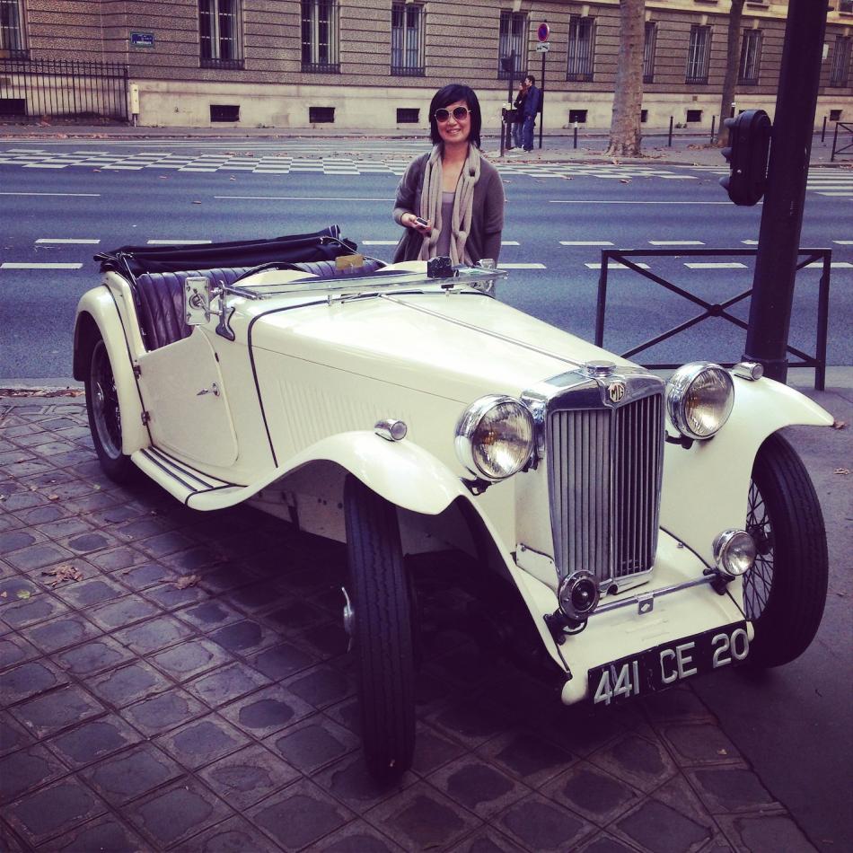 Our Expert Fashion Buyer YUKIKO with vintage car MG in Paris